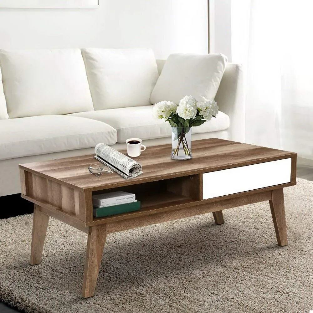 Coffee Table 2 Storage Drawers Open Shelf Scandinavian Wooden White