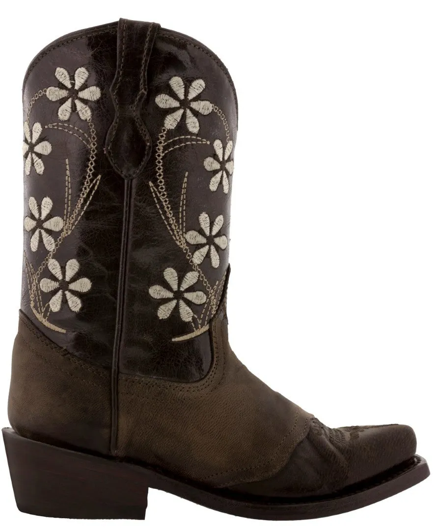 Girls Dark Brown Leather Floral Embroidered Cowgirl Boots - Snip Toe