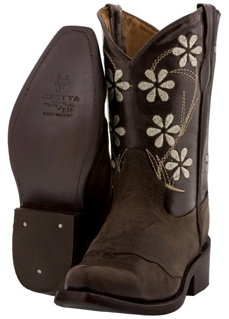 Girls Dark Brown Leather Floral Embroidered Cowgirl Boots - Snip Toe