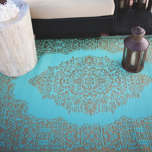 Istanbul Bronze and Aqua Traditional Outdoor Area Rug