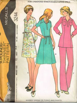 McCall's 3244 Misses Dress or Tunic and Pants Vintage 1970's