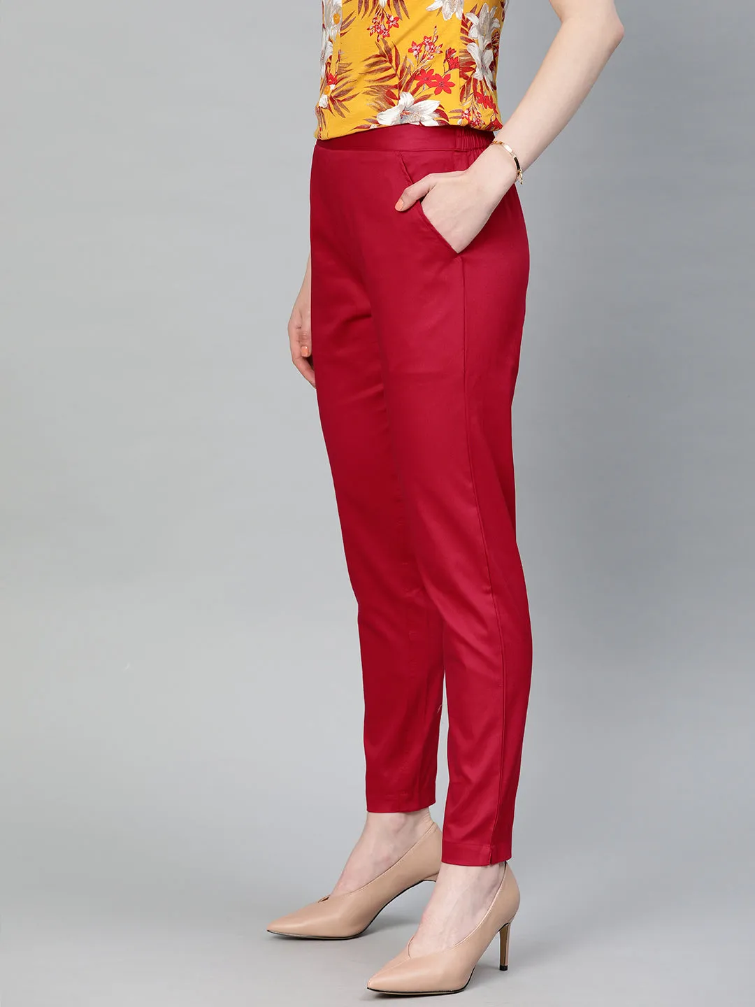 Red Solid Cotton Lycra Pants