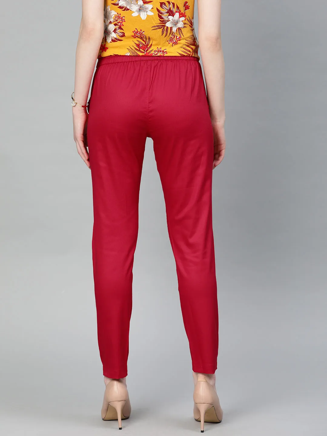 Red Solid Cotton Lycra Pants