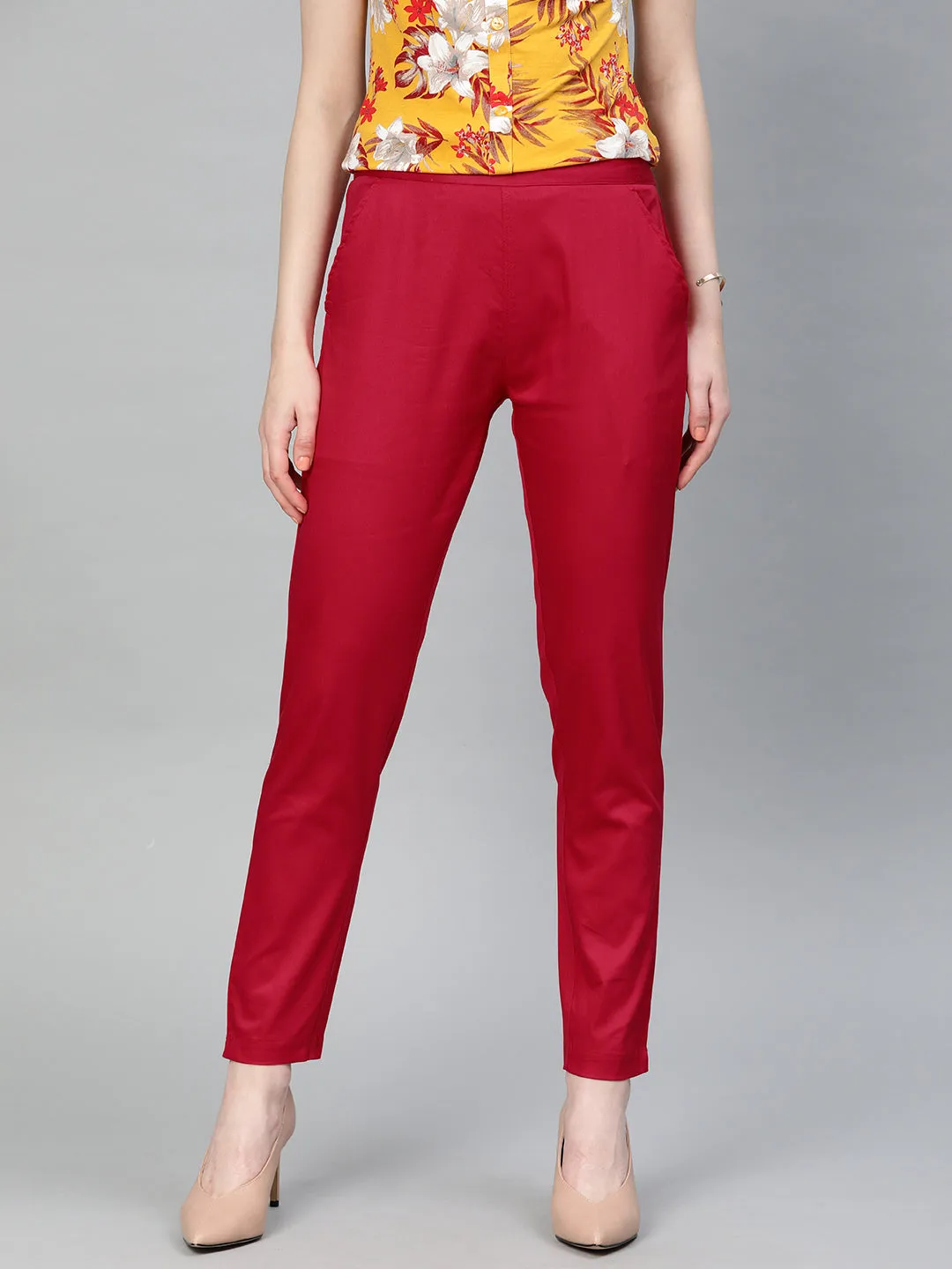 Red Solid Cotton Lycra Pants