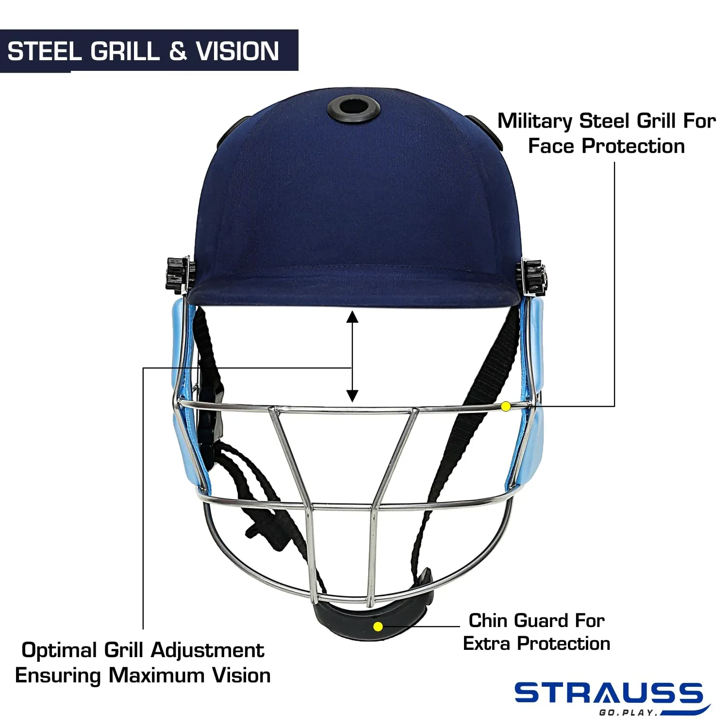 Strauss Cricket Helmet | Steel Grill | Edition: Club | Size: Medium | Age: 15 yrs | Color: Blue | for Men, Women | Lightweight | Advance Protection | Leather Ball Cricket Helmet