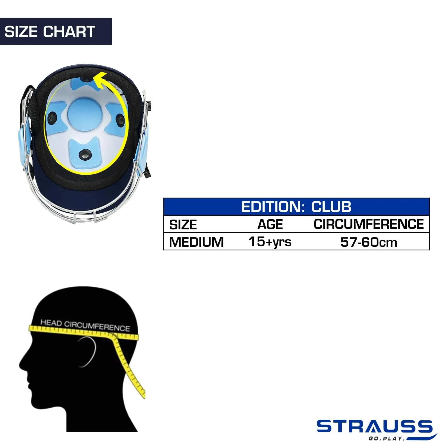 Strauss Cricket Helmet | Steel Grill | Edition: Club | Size: Medium | Age: 15 yrs | Color: Blue | for Men, Women | Lightweight | Advance Protection | Leather Ball Cricket Helmet