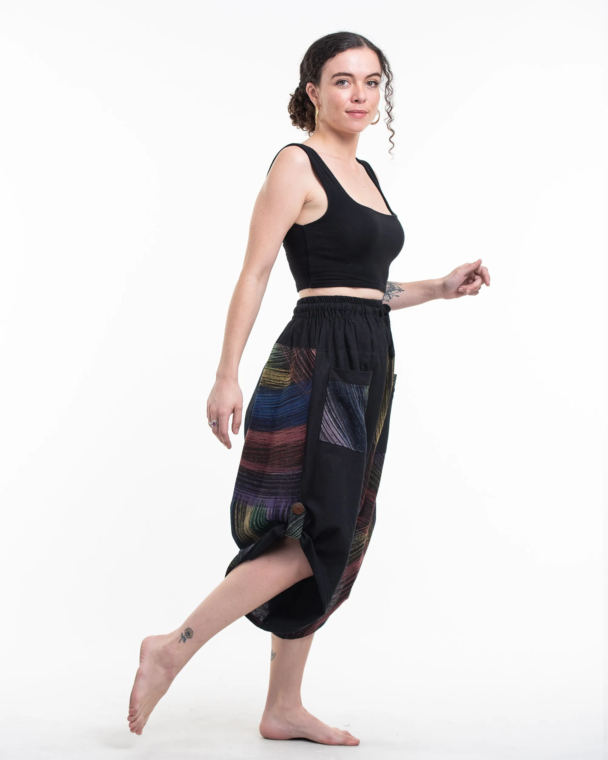 Unisex two Tone Rainbow Prints Three Quarter Pants in Black