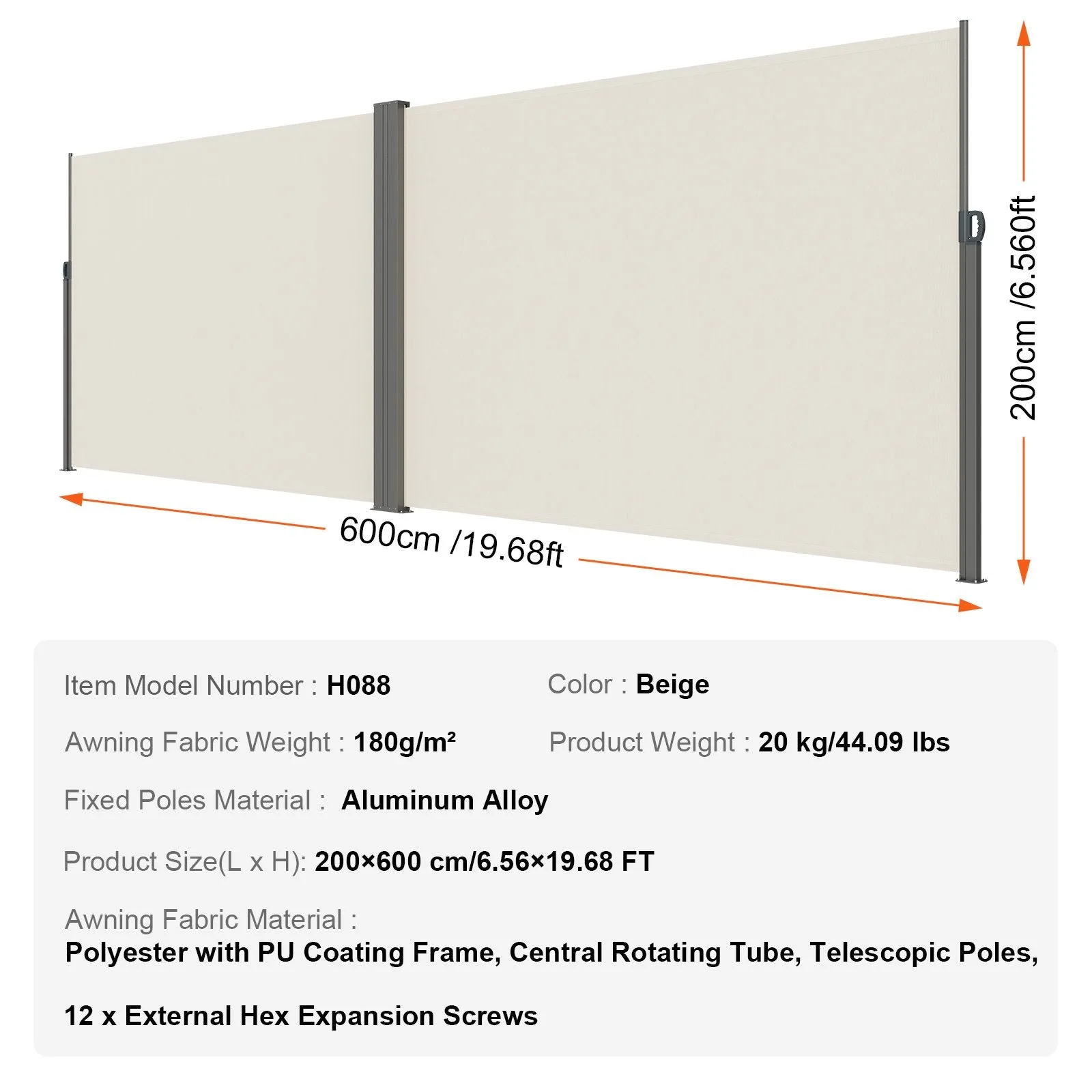 Vevor Retractable Side Awning 236" x 79" Outdoor Privacy Screen UV-Resistant Waterproof Patio Divider New