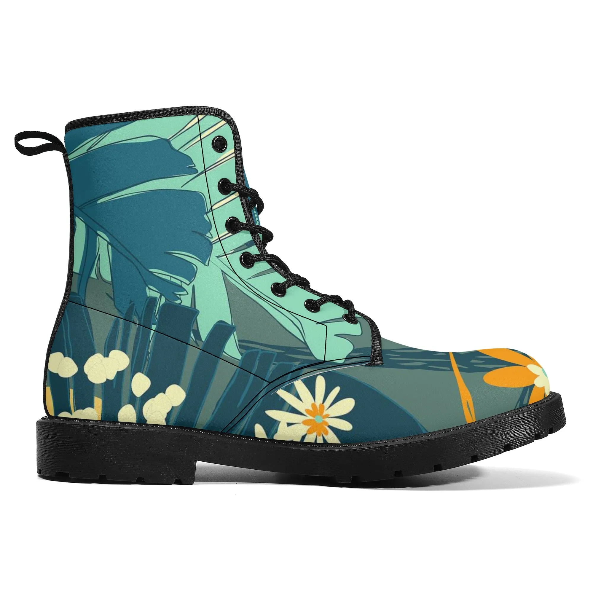 Women's Custom Jungle Blues Tropical Print Leather Boots