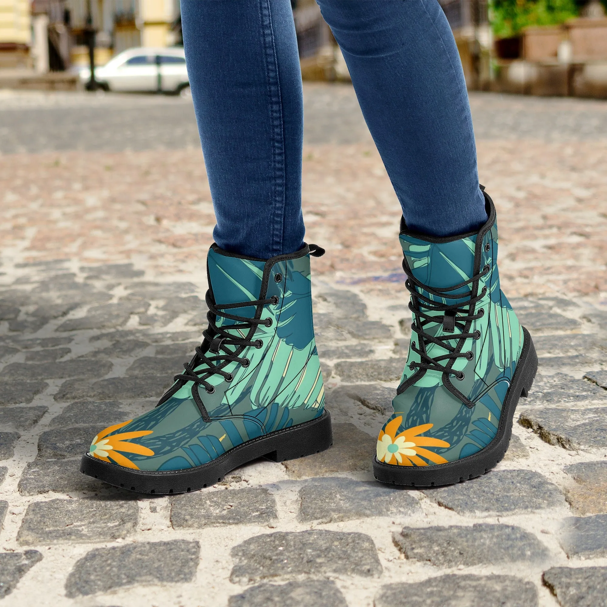 Women's Custom Jungle Blues Tropical Print Leather Boots