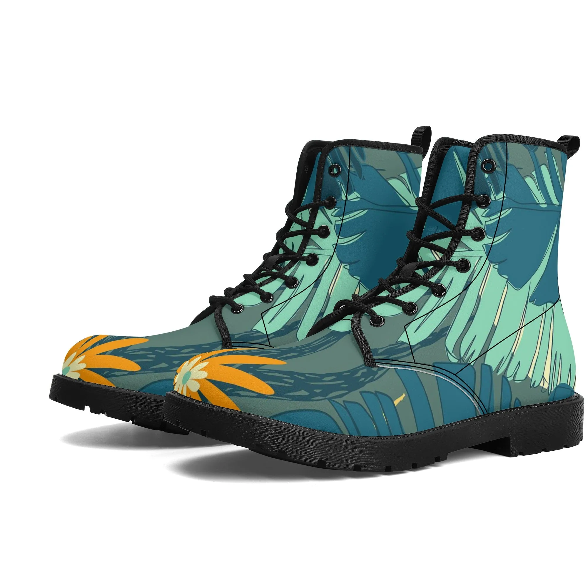 Women's Custom Jungle Blues Tropical Print Leather Boots